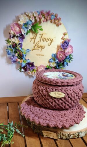 Zestaw szkatułka z pokrywką + podkładka – rękodzieło handmade