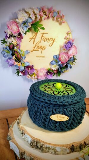 Koszyk z pokrywką – szmaragdowy | szkatułka handmade ze sznurka bawełnianego