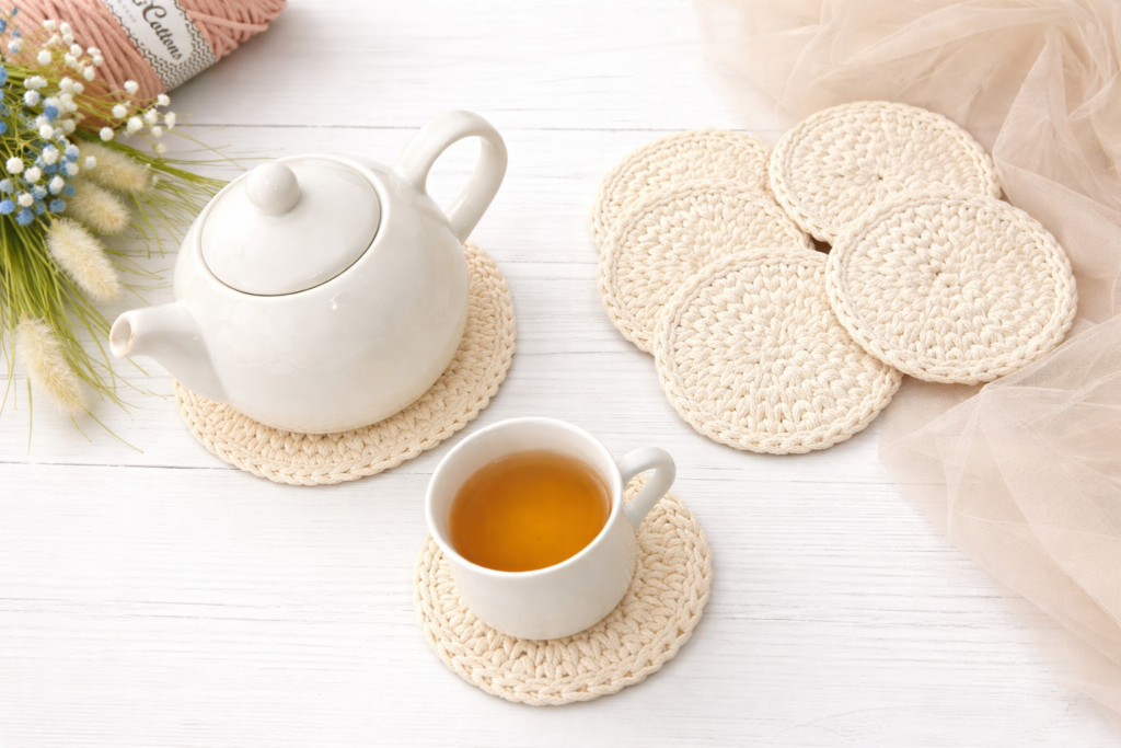 zestaw podkładki pod kubek oraz dzbanek ze sznurka bawełnianego